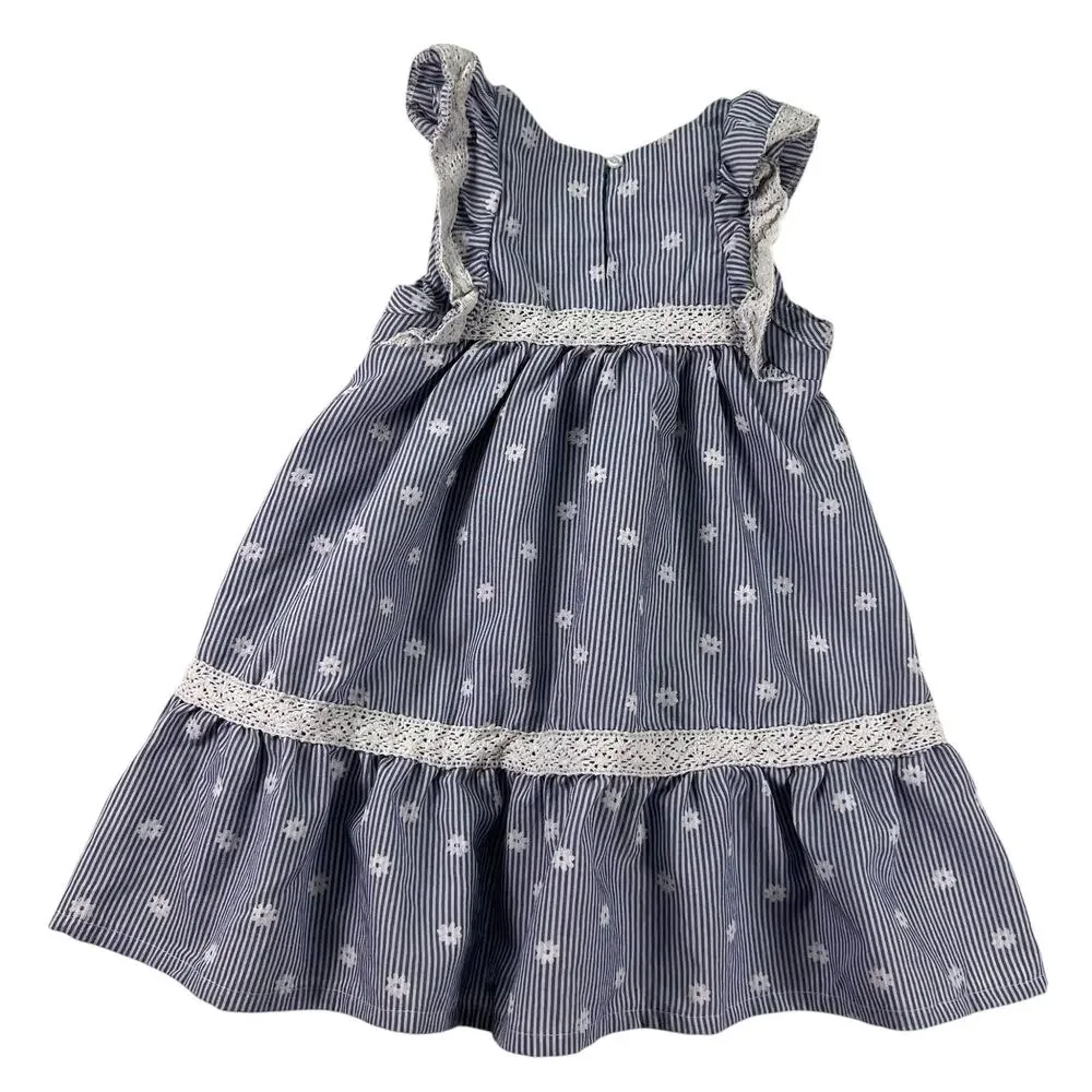 RZ Rachel Zoe Toddler Dress 3T Blue White Railroad Stripe Floral Lace Ruffle Hem